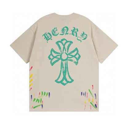 Chrome Hearts T-Shirt Cross Cemetery Paint Drips Cream