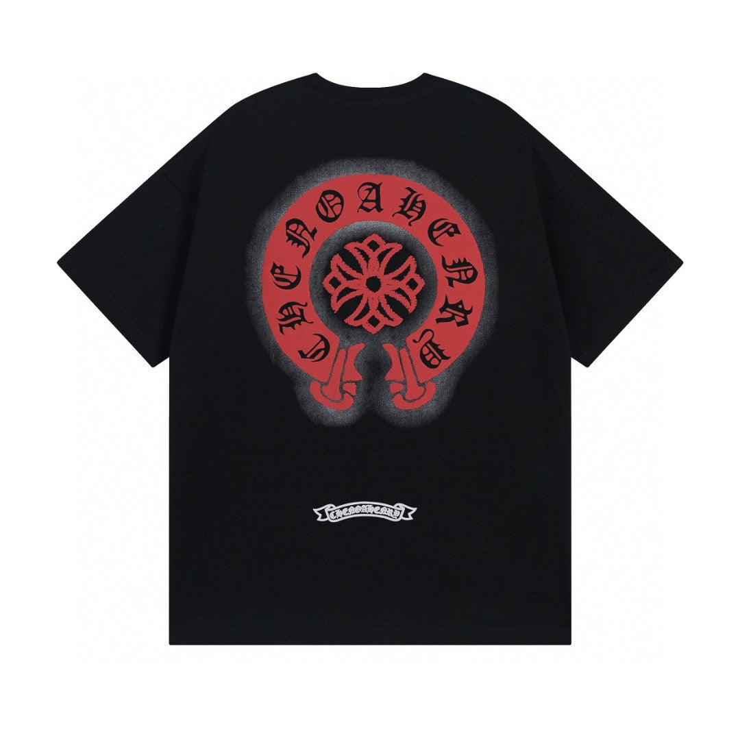 Chrome Hearts T-Shirt Red Horse Shoe Logo Pocket Black