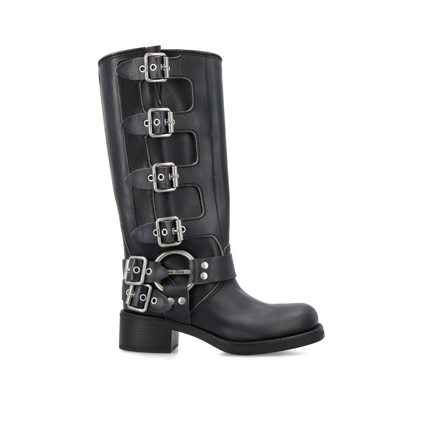 Miu Miu Biker Boots Knee High Black Leather