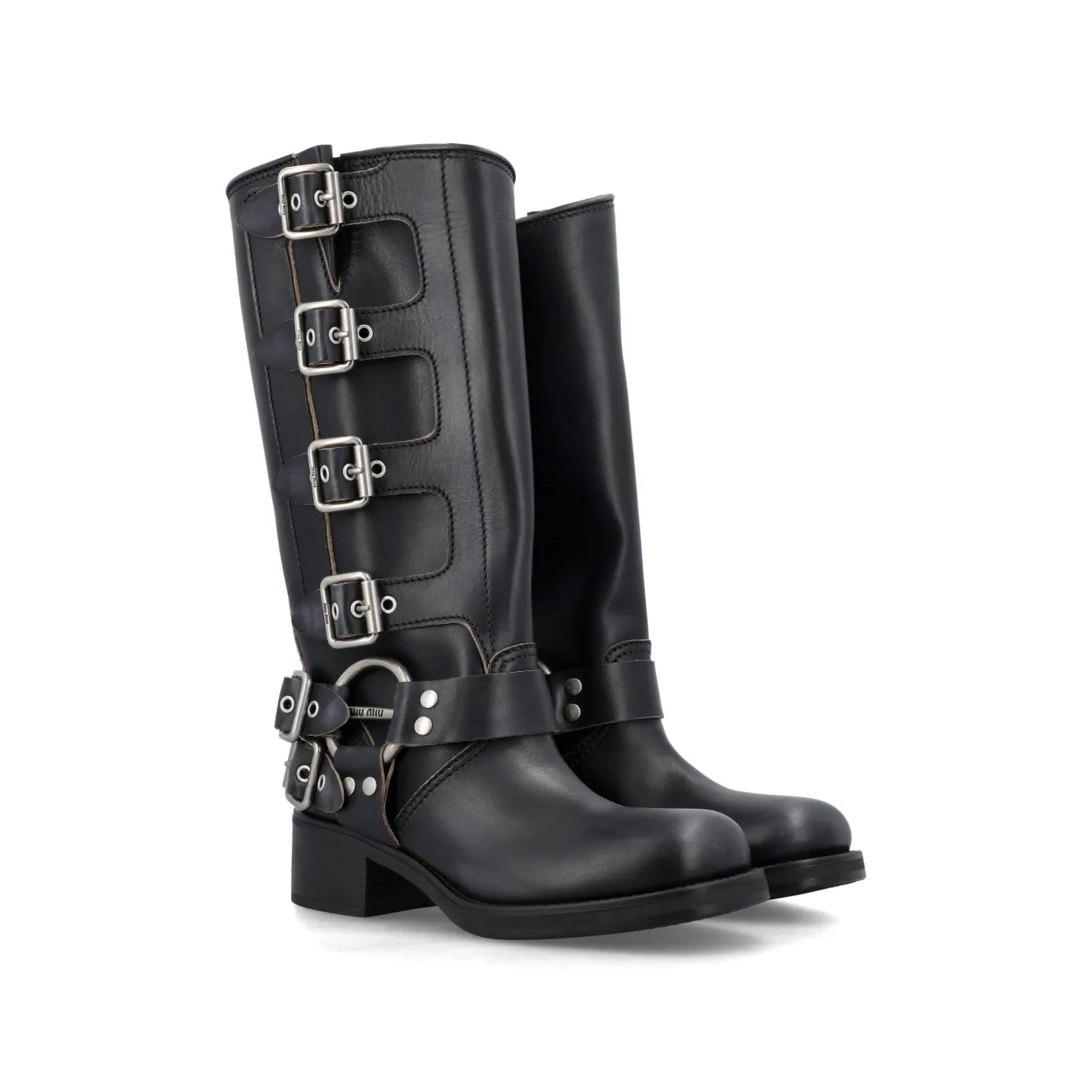 Miu Miu Biker Boots Knee High Black Leather