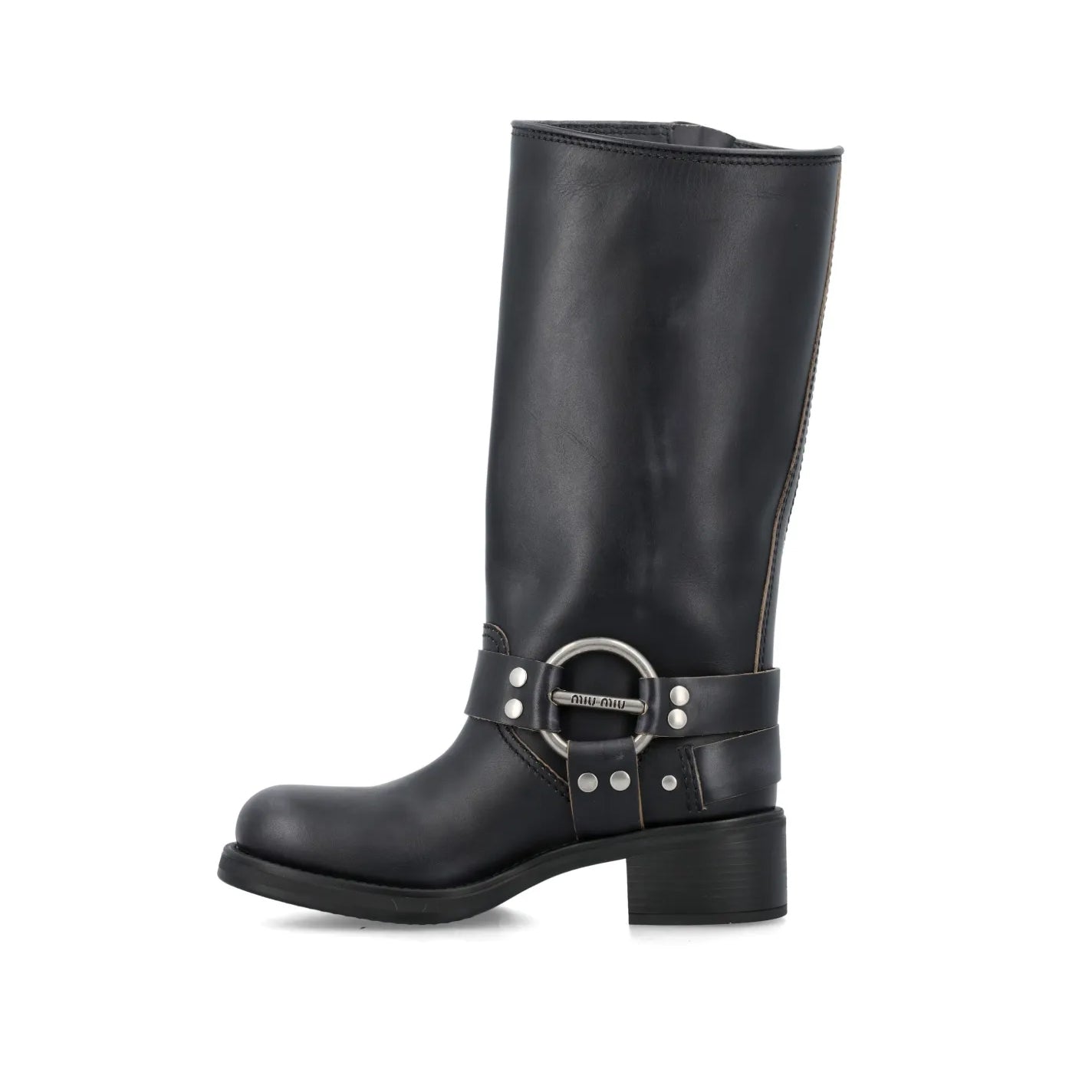 Miu Miu Biker Boots Knee High Black Leather